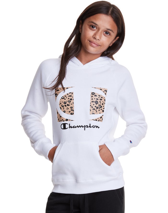 Champion Hoodie Meisjes - Wit - Fleece Raglan Leopard Knockout Logo ( 942370-YWQ )